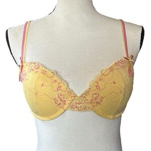 Xhilaration Yellow & Pink Floral Mesh Lace Push Up Bra Coquette Feminine Sz 34C